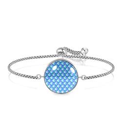 Personalisiertes Armband, blaues Meerjungfrauen-Schuppenmuster, Einstellbar, Edelstahl Glas, Künstlicher Quarz. von JARARINGO