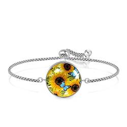 Personalisiertes Armband, handbemalt, Sonnenblumen, blauer Schmetterling, Einstellbar, Edelstahl Glas, Künstlicher Quarz. von JARARINGO