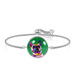 Personalisiertes Armband Französische Bulldogge, grüner Hintergrund, Einstellbar, Edelstahl Glas, Künstlicher Quarz. von JARARINGO