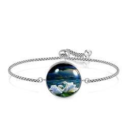 Personalisiertes Armband Schwan Lotus Landschaft Natur, Einstellbar, Edelstahl Glas, Künstlicher Quarz. von JARARINGO