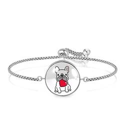 Personalisiertes Armband mit französischer Bulldogge in Herzform, Einstellbar, Edelstahl Glas, Künstlicher Quarz. von JARARINGO