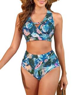 Badeanzug Damen Bauchweg,weicher V-Ausschnitt Bikini-Oberteile und High Waist Bikini-Unterteile, Cut Out Bademode, bedruckte Badebekleidung, Bauchkontrolle Badeanzüge, gepolsterte Strandbekleidung von JASAMBAC