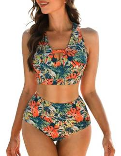 Bikini-Sets für Damen,weicher Badeanzug, V-Ausschnitt Bikini-Oberteile und High Waist Bikini-Unterteile, Cut Out Bademode, bedruckte Badebekleidung, Bauchweg Badeanzüge, gepolsterte Strandbekleidung von JASAMBAC