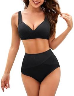 Bikinis，Badeanzug Bauchweg，Bikini Damen Set, Bikini Push Up -Oberteil Und High Waist Bikini-Unterteile Hinten Festbinden Badebekleidung Weiche Bademode Elastische Schwimmanzug Gerippt Bademode von JASAMBAC