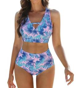 Damen Bikini-Set, weicher Badeanzug, V-Ausschnitt Bikini-Oberteile und High Waist Bikini-Unterteile, Cut Out Bademode, bedruckte Badebekleidung, Bauchweg Badeanzüge, gepolsterte Strandbekleidung von JASAMBAC