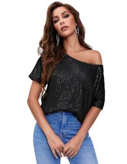 Glitzernde Damen-Oberteile, One-Shoulder-Kurzarm, Pailletten, sexy Glitzer-Party, Urlaub, Club, Glitzer-Shirt, Schwarz, M von JASAMBAC