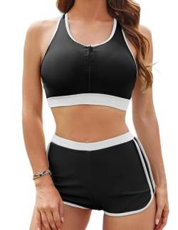 JASAMBAC Bikini Damen Bauchweg，Sport Badeanzug Damen，Bikini Push Up -Oberteil Und High Waist Badeshorts Badebekleidung Weiche Bademode Elastische Schwimmanzug Reißverschluss Bescheiden Bademode von JASAMBAC