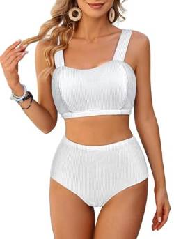 JASAMBAC Bikini Damen Set, Badeanzug Damen Bauchweg, Bikini Push Up -Oberteil Und High Waist Bikini-Unterteile Badebekleidung Weiche Bademode Elastische Schwimmanzug Gerippt Bescheiden Bademode von JASAMBAC