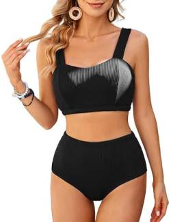 JASAMBAC Bikini High Waist Damen ，Badeanzug Damen Bauchweg, Bikini Push Up Badebekleidung Weiche Bademode Elastische Schwimmanzug Gerippt Bademode Bescheiden Badebekleidung von JASAMBAC