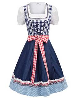 JASAMBAC Damen Dirndl midi 3-teiliges Trachtenkleid Trachtenrock Kleid Dirndlbluse für Oktoberfest, Karneval Blau 2XL von JASAMBAC