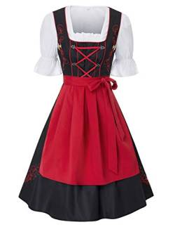 JASAMBAC Damen Dirndl midi 3-teiliges Trachtenkleid Trachtenrock Kleid Dirndlbluse für Oktoberfest, Karneval Rot M von JASAMBAC