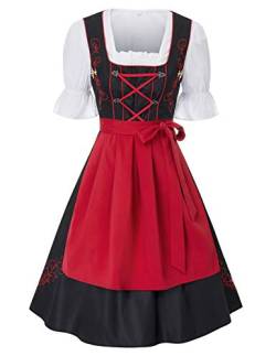 JASAMBAC Damen Dirndl midi 3-teiliges Trachtenkleid Trachtenrock Kleid Dirndlbluse für Oktoberfest, Karneval Rot XL von JASAMBAC