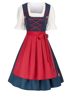 JASAMBAC Damen Dirndl midi 3-teiliges Trachtenkleid Trachtenrock Kleid Dirndlbluse für Oktoberfest, Rot Blauer Hintergrund XL von JASAMBAC