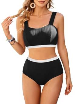 JASAMBAC Sport Bikini Damen， Badeanzug Damen Bauchweg, Bikini Push Up -Oberteil Und High Waist Bikini-Unterteile Badebekleidung Weiche Bademode Elastische Schwimmanzug Gerippt Bescheiden Bademode von JASAMBAC