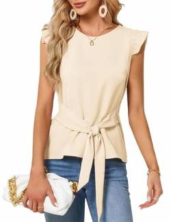 Shirts Damen Sommer，Tops FüR Damen, Elegante Arbeits Bluse, Bauchweg-Business-Blusen, Rundhals-Sommerbluse,Bluse Damen Kurzarm Mit GüRtel RüSchenäRmel-Shirts, FlüGeläRmel-Oberteile von JASAMBAC