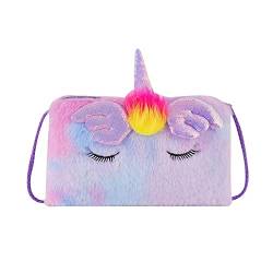 JASASCCEL Damen Kinder Mädchen Niedliche Einhorn Crossbody Geldbörse Fuzzy Plüsch Tie Dye Regenbogen Schulter Messenger Taschen Handtasche Geldbörse, Krawattenfarbe Violett, Einheitsgröße von JASASCCEL