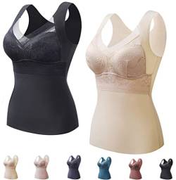 2-In-1 Built-In Bra Thermal Underwear Women, BH Hemd Damen mit Cups, BH Hemdchen Ohne BüGel, Top mit Integriertem BH, Thermo Unterhemd äRmellose Shirts Frauen V-Ausschnitt Weste (2 Stück A,L) von JASUBAI