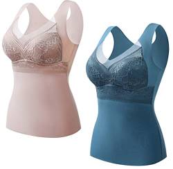 2-In-1 Built-In Bra Thermal Underwear Women, BH Hemd Damen mit Cups, BH Hemdchen Ohne BüGel, Top mit Integriertem BH, Thermo Unterhemd äRmellose Shirts Frauen V-Ausschnitt Weste (2 Stück B,XL) von JASUBAI