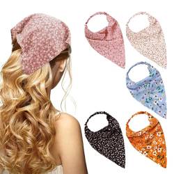 5 Stück Elastisches Haarband mit Floralem Muster Chiffon Kopftuch, Damen Bandana, Dreieck, Mütze Kopfbedeckung Headwrap Schals für Frauen Mädchen von JAWSEU