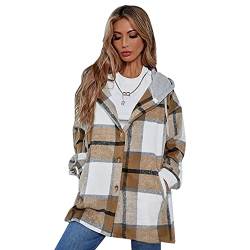 JAWSEU Damen Flanell Kariertes Hemd Bluse Tops Langarm Casual Plaid Button Down Übergroße Übergangsjacke mit Kapuze, Damen Hemd Gesteppte Holzfällerjacke, Mode Freizeithemd Khaki M von JAWSEU