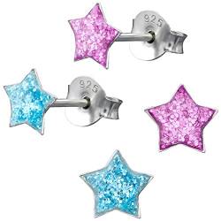 2 Paar JAYARE Kinder-Ohrringe Sterne 925 Sterling Silber Glitzer blau pink Mädchen-Ohrstecker von JAYARE