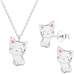 JAYARE Kinder Schmuckset Mädchen - Katze Kätzchen - Halskette und Ohrringe - Kette Silber 925 mit Anhänger und Ohrstecker von JAYARE