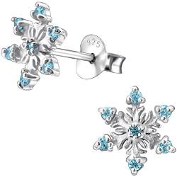 JAYARE Ohrringe Mädchen Schneeflocke Weihnachts-Sterne X-mas 925 Sterling Silber Zirkonia aquamarin-blau Kinder Ohrstecker von JAYARE