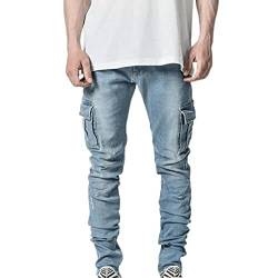 JAYYOU Cargo Pants Herren Seitentasche Hose mit Reißverschluss Knopfleiste Skinny Jeans mit Tasche Full Pants, blau, 27-32 von JAYYOU