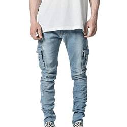 JAYYOU Herren Slim Fit Jeans Seitentasche Cargo Hose mit Reißverschluss Knopfleiste UK Clearance Tapered Hose Skinny Denim Pants, blau, 31-35 von JAYYOU