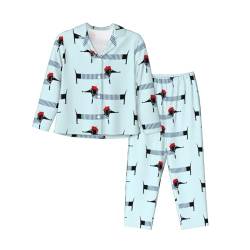 JBYJBX Pariser Dackel Druck weiche klassische Langarm Pyjama-Set für Frauen dauerhafte Nachtwäsche und Moschenbekleidung, schwarzes, M von JBYJBX