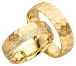 2x 585 Gold Eheringe Partnerringe Trauringe Hochzeitsringe in Gelbgold gehämmert*mit Gravur und Steinen* JC017 von JC Trauringe