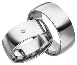 JC Trauringe 925er Sterling Silber Paar-Preis I Eheringe mit kostenfreier Gravur I Partnerringe 8mm breit inkl. Etui I Herren-Ring ohne & Damen-Ring mit Zirkonia-Stein I Größe 48 bis 72 I S068 von JC Trauringe