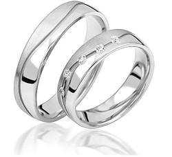 JC Trauringe 925er Sterling Silber Paarpreis I Ehe-Ringe mit kostenfreier Gravur I Verlobungsringe 5 mm breit inkl. Etui-Box I Herren-Ring ohne & Damen-Ring mit Zirkonia-Stein I Gr. 48 bis 72 I S909-S von JC Trauringe