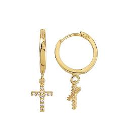 JC Trauringe Echt Gold Damen Ohrringe Creolen Kreuz-Anhänger mit Zirkonia Steine in 585 Gelbgold Clip Verschluss Gold Kreuzohrringe Schmuck 8433 von JC Trauringe