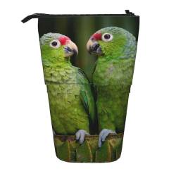 JCAKES Zwei Papageien auf grüner Palme Stehendes Federmäppchen, niedliches Muster, erweiterbare Make-up-Tasche, Pop-Up-Büro-Schreibwaren-Organizer, Kosmetiktasche, tägliche Essentials von JCAKES