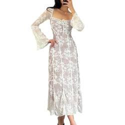 JCMoniDun Damen Spitzenkleider Boho Floral Langarm Maxikleid Frühling Herbst Bohemian Strand Party Langes Swing Kleid, Quadratischer Ausschnitt, Weiß, Small von JCMoniDun