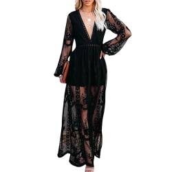 JCMoniDun Damen Spitzenkleider Boho Floral Langarm Maxikleid Frühling Herbst Bohemian Strand Party Langes Swing Kleid, V-Ausschnitt, Schwarz, X-Large von JCMoniDun