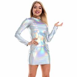 JCMoniDun Frauen PU Metallic Leder Kleid, Langarm Rundhals Glänzend Leder Slim Fit Etuikleid Bodycon Cocktail Party Kleid, Laser Silver, Small von JCMoniDun