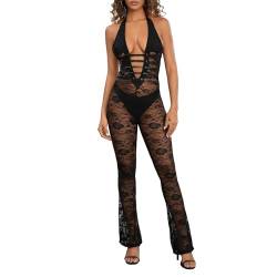 JCMoniDun Sexy Damen-Jumpsuit aus Spitze, figurbetont, tiefer V-Ausschnitt, Neckholder, ärmellos, rückenfrei, langer Strampler, schmale Passform, Club-Playsuits, Schwarz , 38 von JCMoniDun