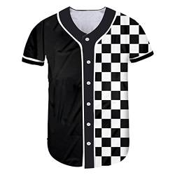 Männer Plus Größe Casual Baseball Jersey T-Shirt 3D gedruckt Schwarz Weiß Plaid Button T-Shirt Plaid 5XL von JCNHXD