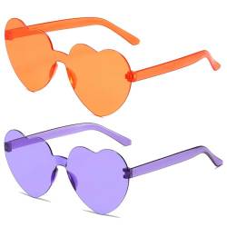 JCTAIFOO 2 Paare Herz Sonnenbrille für Damen Transparente randlose Süßigkeiten Farbe Brille Nette Mädchen Herz-Form Sonnenbrille Orange+Lila von JCTAIFOO