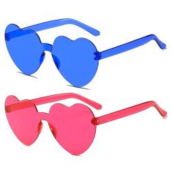 JCTAIFOO 2 Paare Herz Sonnenbrille für Damen Transparente randlose Süßigkeiten Farbe Brille Nette Mädchen Herz-Form Sonnenbrille Rosenrot+Dunkelblau von JCTAIFOO