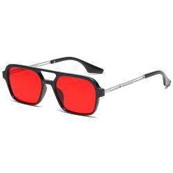 JCTAIFOO Vintage 70s Quadratische flache Piloten-Sonnenbrille für Herren Damen Trendy Retro Rectangle Small Shades Cool Niedliche Mode Brille Schwarz-Silber/Rot von JCTAIFOO