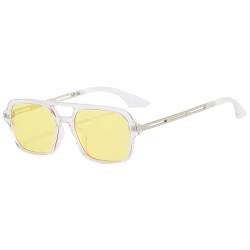 JCTAIFOO Vintage 70s Quadratische flache Piloten-Sonnenbrille für Herren Damen Trendy Retro Rectangle Small Shades Cool Niedliche Mode Brille Transparent-Silber/Gelb von JCTAIFOO