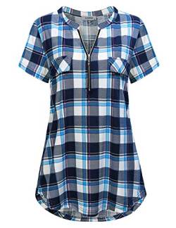 JCZHWQU Damen Tunika mit Reißverschluss und V-Ausschnitt, kurzärmelig, lässig, Tunika-Shirt, 52# Blau., X-Groß von JCZHWQU