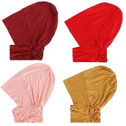 JDYaoYing 4 x muslimische Innenkappe, Stretch-Turban, Unterschal, volle Abdeckung, Hijab-Halsabdeckung, Kopfbedeckung, Weinrot, Rosa, Gelb von JDYaoYing