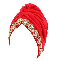 JDYaoYing Turbane für Frauen Turban Hut Wrap Plissee Beanie Mütze Strass Vintage Hut Afrikanische Turbane, Rot/Ausflug, einfarbig (Getaway Solids) von JDYaoYing