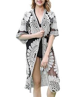 JDiction Damen Badeanzug Cover Up Badeanzug Kimono Langes Strandkleid Blumenspitze Bikini Schwimmbekleidung von JDiction