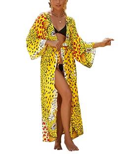 JDiction Damen Badeanzug Cover Up Sommer Bohemian Badeanzug Kimono Langes Strandkleid Blumenspitze Bikini Schwimmbekleidung von JDiction