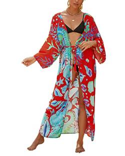 JDiction Damen Badeanzug Cover Up Sommer Bohemian Badeanzug Kimono Langes Strandkleid Blumenspitze Bikini Schwimmbekleidung von JDiction